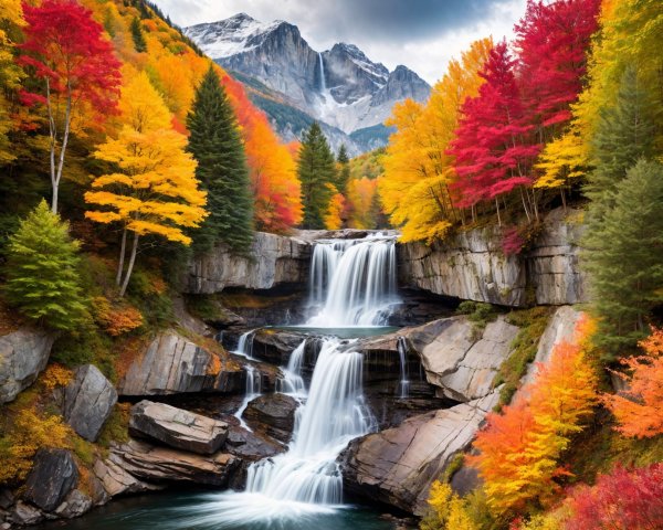 Waterfall Surrounded by Autumn Foliage and Mountains