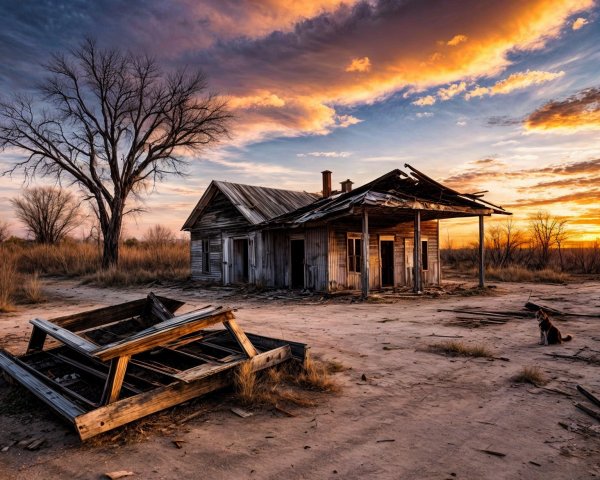 Abandoned House at Sunset with Dramatic Skies