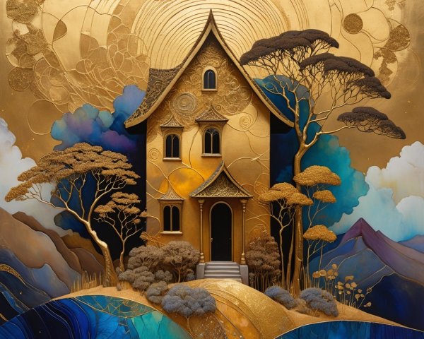 Golden-Hued House in a Dreamlike Landscape