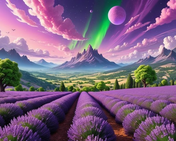 Vibrant Lavender Fields with Majestic Mountains and Auroras