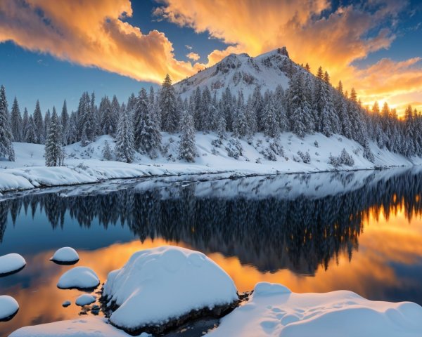 Serene Winter Landscape with Sunset Reflections