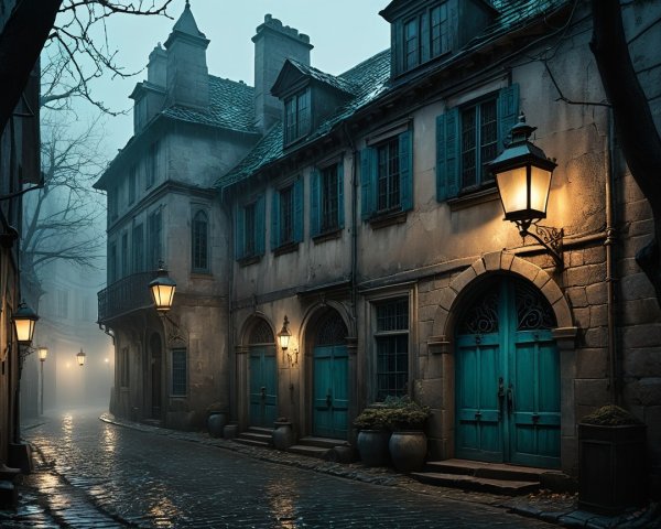 Foggy Street Scene with Old Buildings and Lanterns