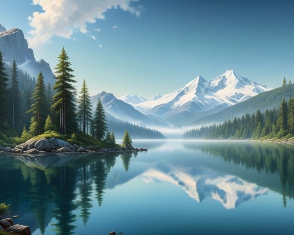 Serene Landscape with Lake and Majestic Mountains