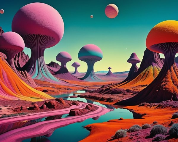 Surreal Landscape with Colorful Mushroom Structures
