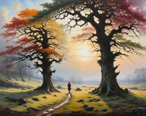 Serene Landscape with Autumn Trees and Sunrise