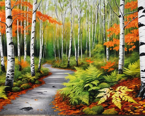 Winding Path Through Birch Trees in Autumn Foliage