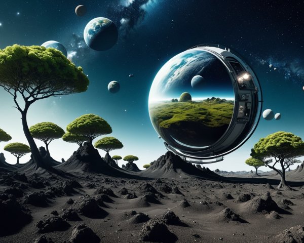 Futuristic Sphere in Surreal Starry Landscape