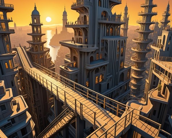 Futuristic cityscape at sunset with unique architecture