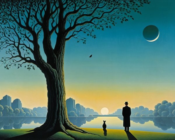 Silhouetted Man and Dog by Tranquil Water at Sunset