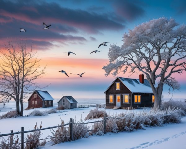 Serene winter landscape with glowing houses and twilight sky