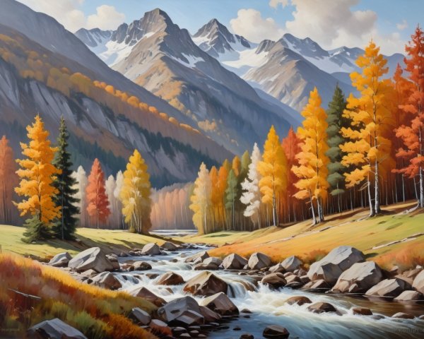 Autumn Landscape with River and Snow-Capped Mountains