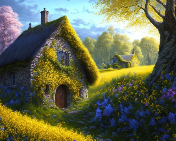 Quaint Stone Cottage Surrounded by Vibrant Nature