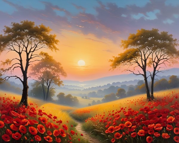 Vibrant Poppy Fields with Sunset and Rolling Hills