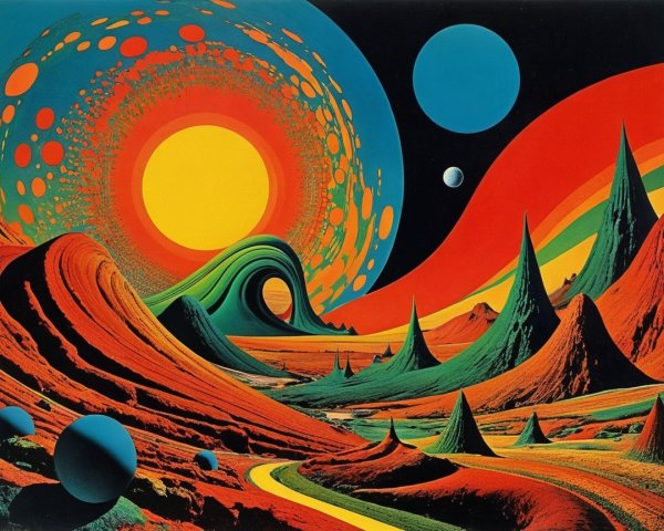 Surreal Landscape with Vibrant Colors and Cosmic Elements