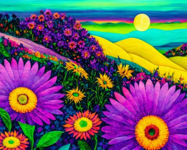 Vibrant Landscape with Colorful Flowers and Hills