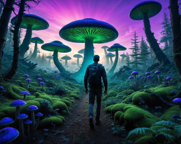 Lone Traveler on a Mossy Path in a Mystical Forest