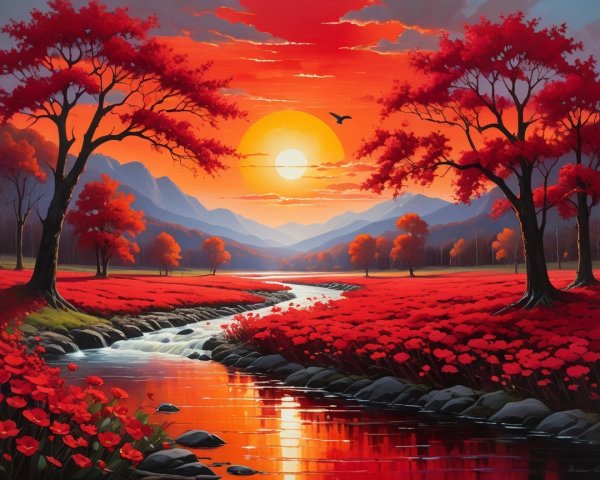 Vibrant Sunset Over Serene Landscape with Mountains