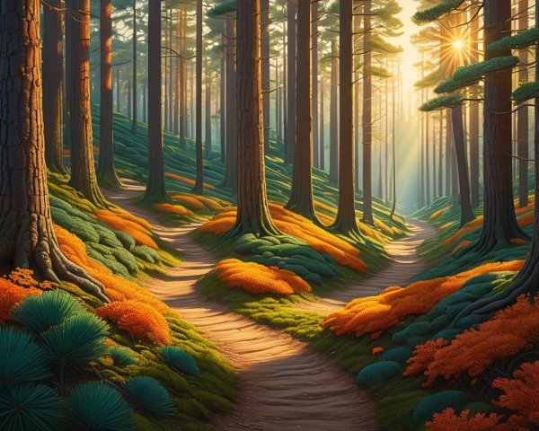 Serene Forest Scene at Dawn with Vibrant Foliage