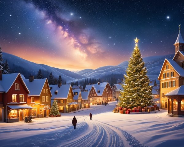 Festive Village Street Scene in Wintry Twilight