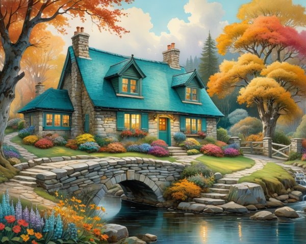 Charming Stone Cottage by a Serene Stream in Autumn