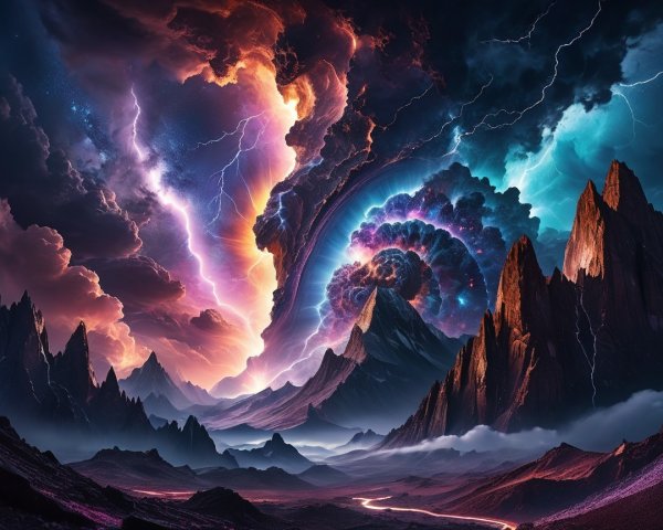 Apocalyptic Fantasy Landscape with Dark Mountains and Vortex