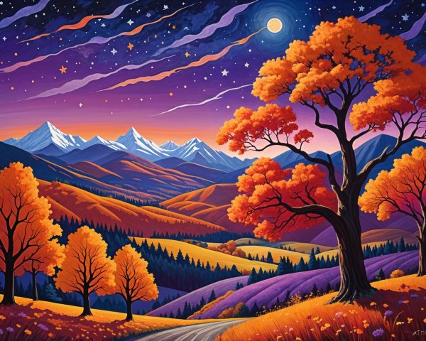 Vibrant Autumn Landscape with Mountains and Moonlight