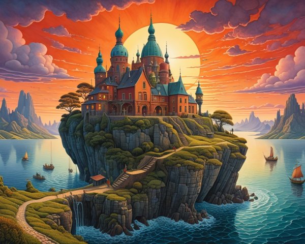 Castle on Rocky Island at Sunset with Tranquil Waters