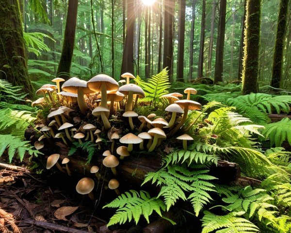 Vibrant Mushrooms in a Serene Forest Setting
