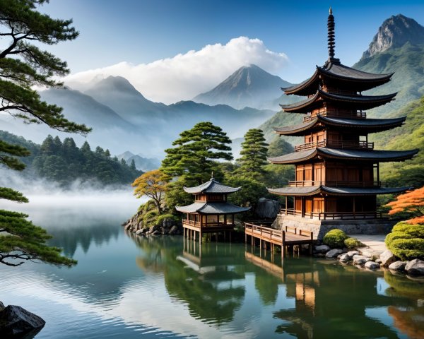 Serene Landscape with Pagoda by Calm Lake and Mountains