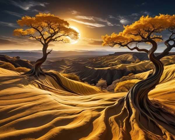 Twisted Trees on Sand Dunes Under Dramatic Sky