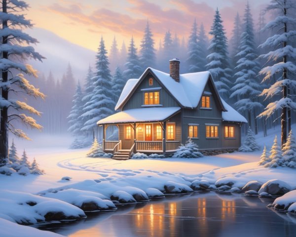 Charming Cabin in a Snowy Evergreen Landscape