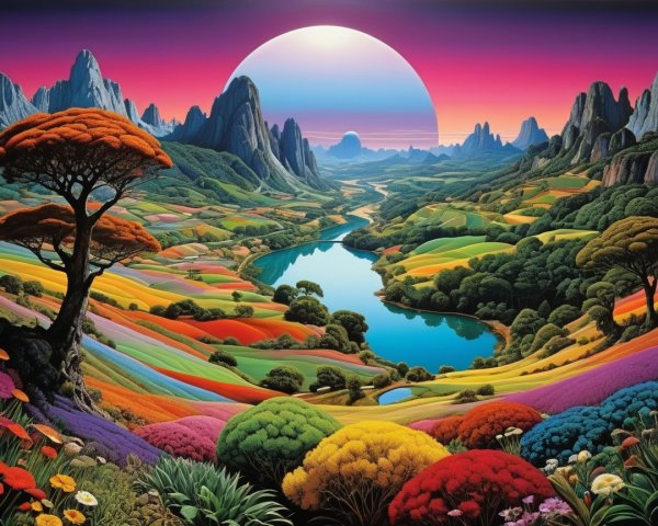 Vibrant Landscape with Colorful Flowers and Mountains