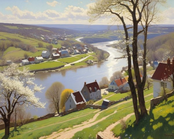 Serene landscape with winding river and lush hills