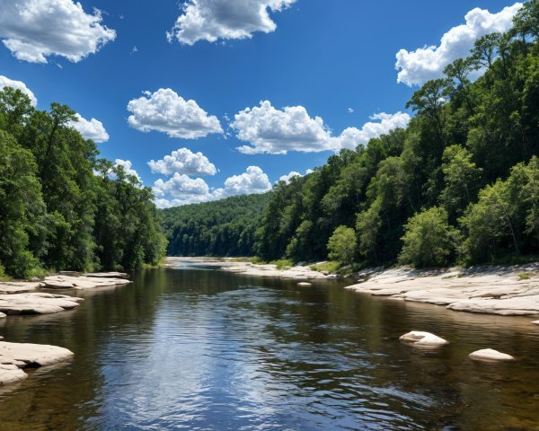 Serene River in Lush Green Forests Under Blue Sky