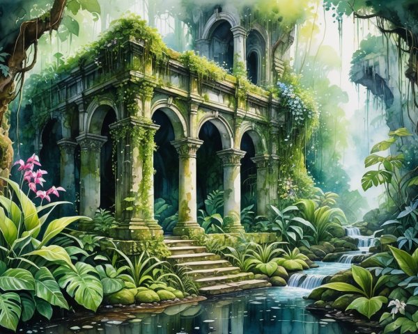 Overgrown Ruin Surrounded by Lush Greenery and Streams