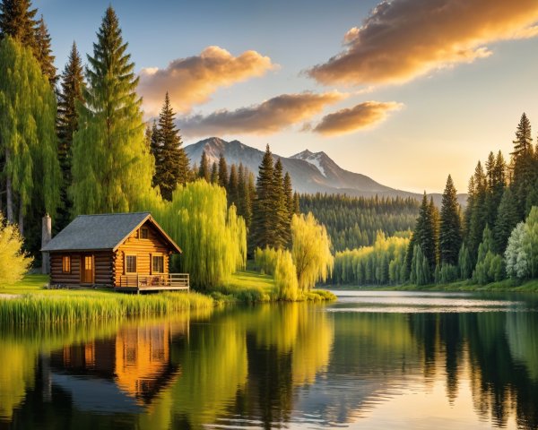 Log Cabin by Tranquil Lake Amidst Lush Nature