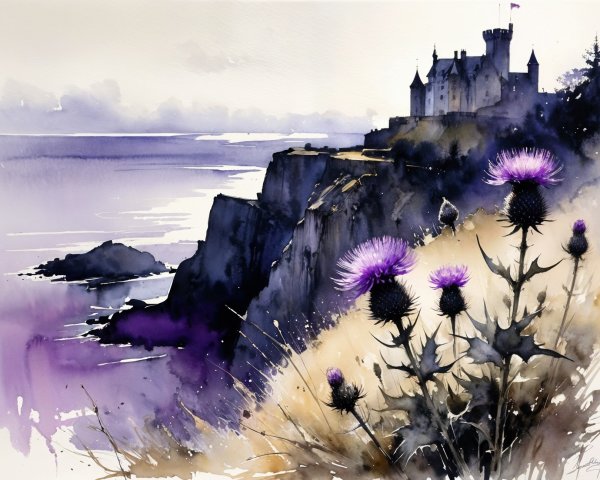 Watercolor Landscape of Cliffs, Ocean, and Castle