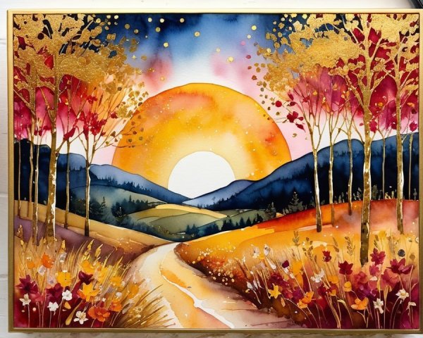 Vibrant Watercolor Landscape with Sunset and Autumn Foliage