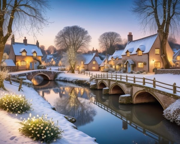 Winter Scene with Stone Cottages and Snowy Landscape