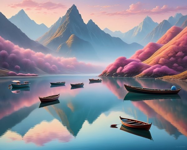 Majestic Mountains and Cherry Blossoms by a Lake