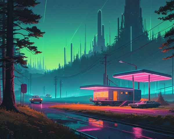 Neon Gas Station Amidst Futuristic Twilight Landscape