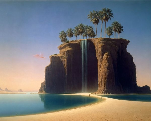 Tropical Island with Cliff, Waterfall, and Lagoon