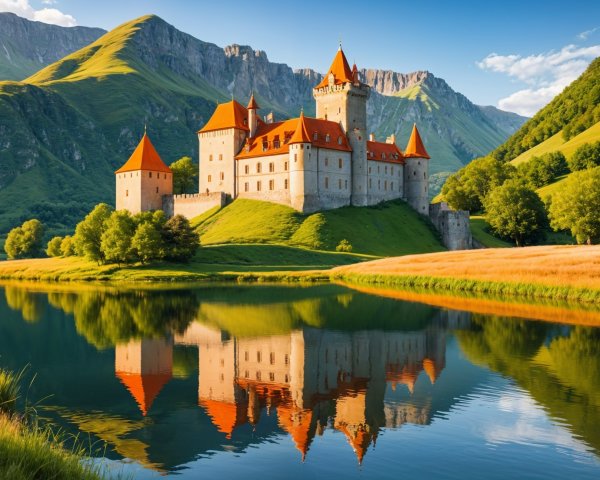 Castle on a Hill with Orange Rooftops and Lake