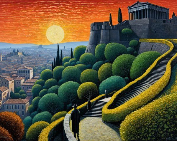 Vibrant Sunset Over City with Ancient Temple and Figures