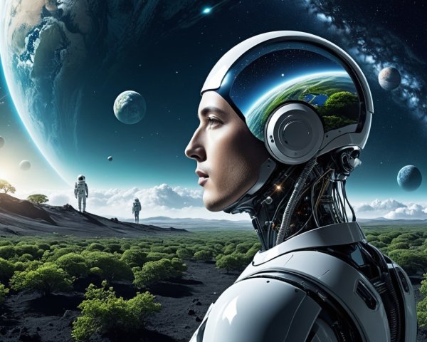 Futuristic Robot in Lush Alien Landscape with Astronauts