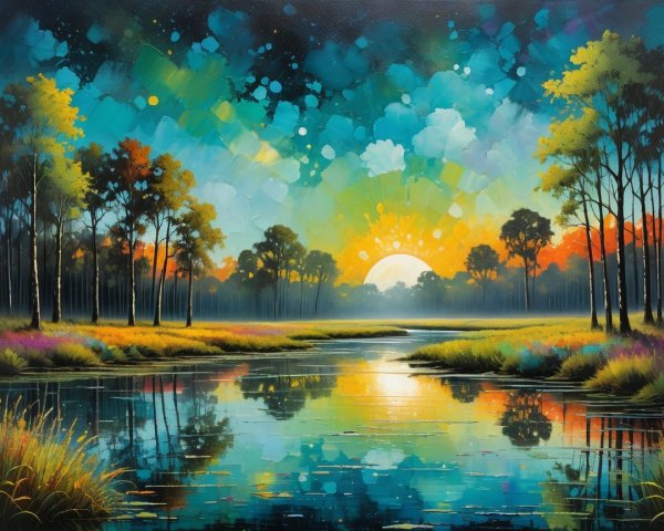 Vibrant Sunrise Landscape with Tranquil River Reflection