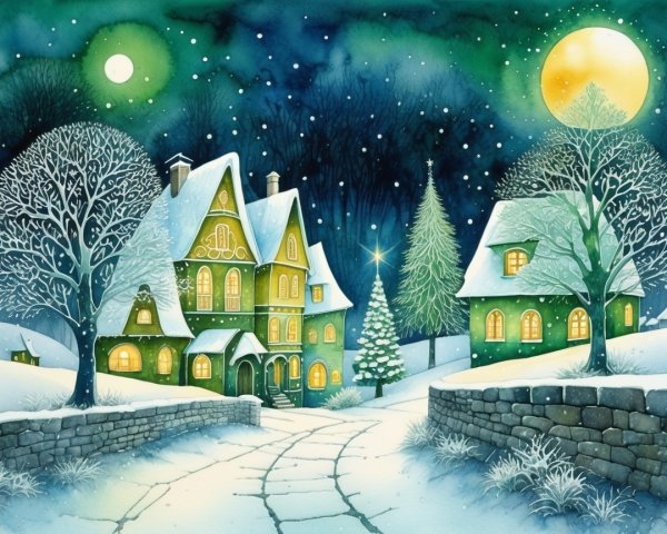 Winter Scene with Cozy Houses and Snowy Trees