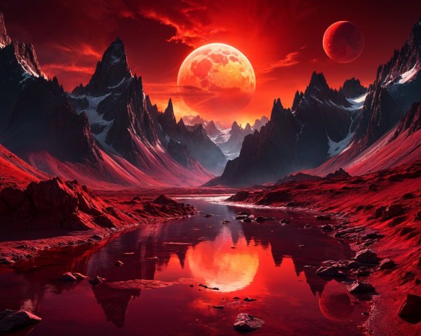 Alien Landscape with Mountains and Two Moons