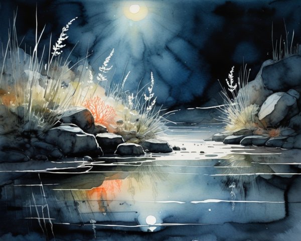 Serene Watercolor of Waterway Under Starlit Sky