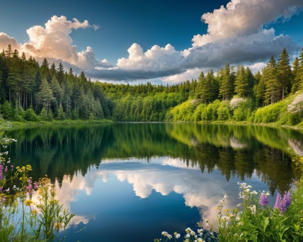 Serene Lake Surrounded by Lush Greenery and Wildflowers